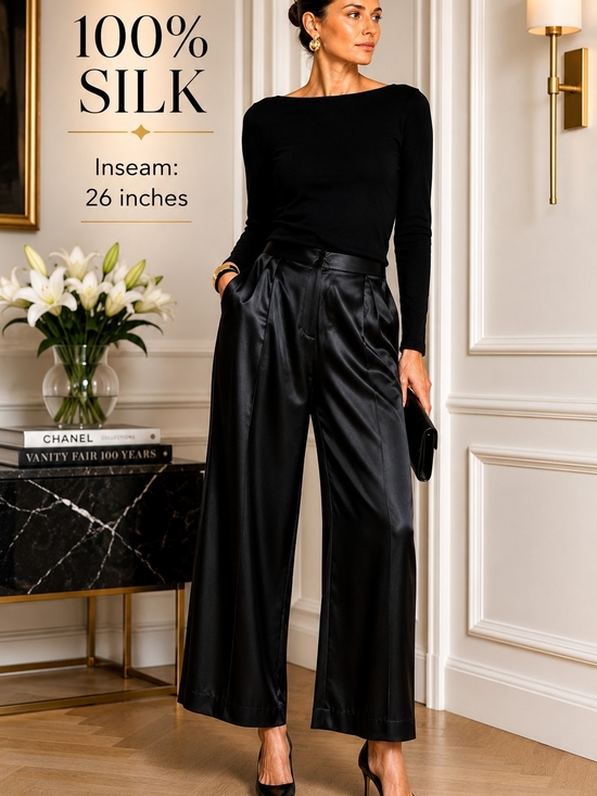 Tesori Pants - Vintage Silk Straight Wide-Leg Palazzo Pants Y2K Minimalist Old Money Capsule XL